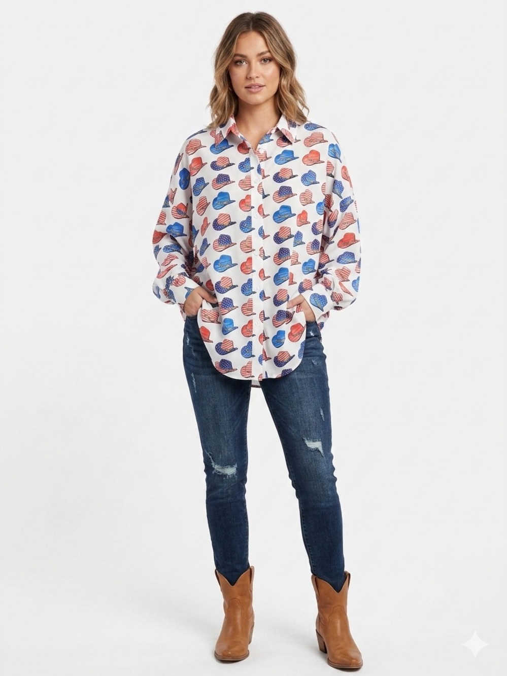 Nylon Apparel Womens Button Long Sleeve sz L Oversized Western hat 4 of july